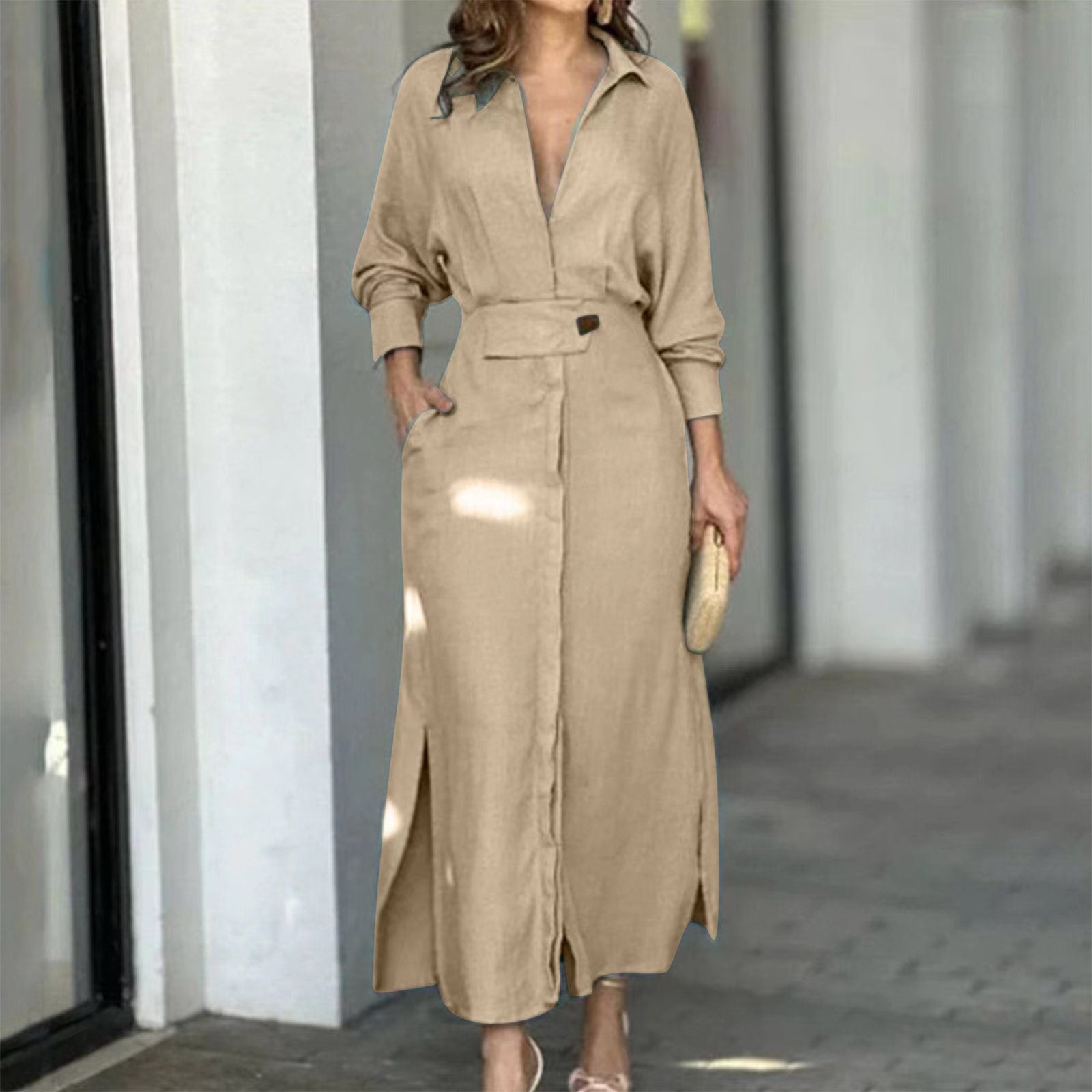 Fashion Dress for Women Luxury Elegant Solid Color Evening Dresses 2023 Party Slip Pockets Chic Promotion Long Sleeve Clothes Beige