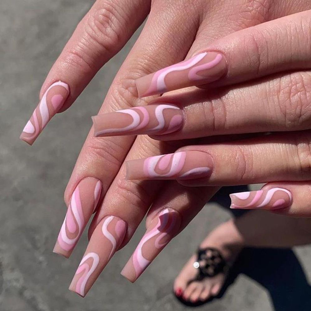 Pink Cow Design False Nail French Full Cover Long Coffin Fake Nails Glue DIY Manicure Nail Art Tools press on nails nail tips C6
