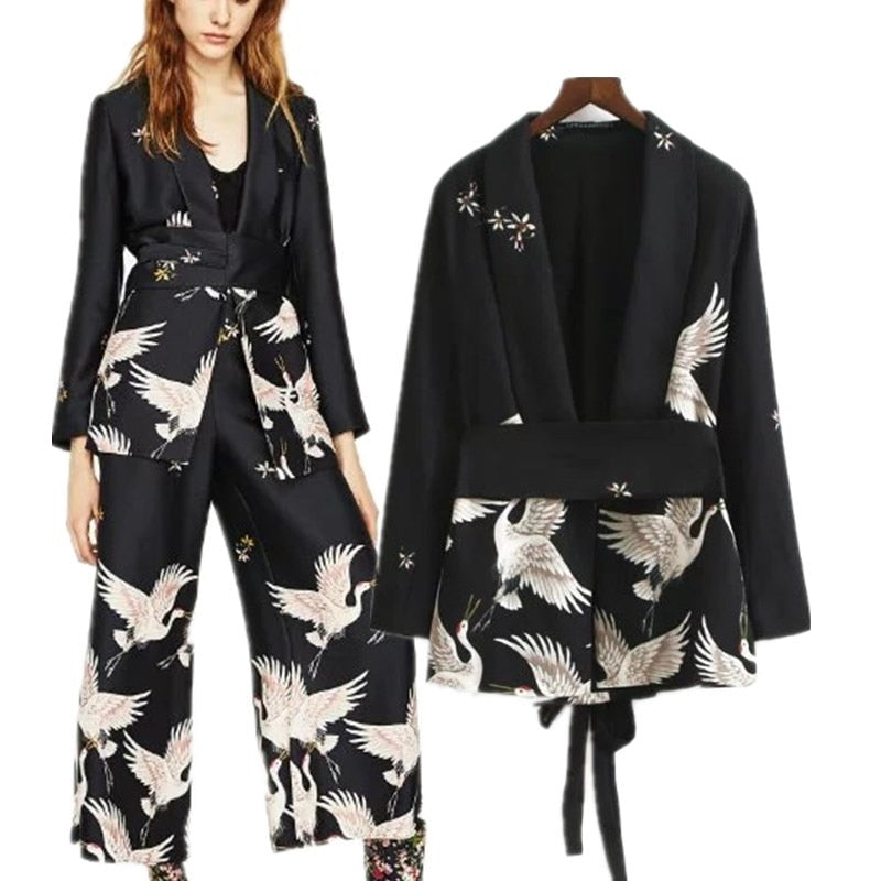 Spring/Autumn Women Vintage Clothing Set Printed Blazer Wide Leg Retro Pant Female Bird Outfit Suits Women's Office Lady