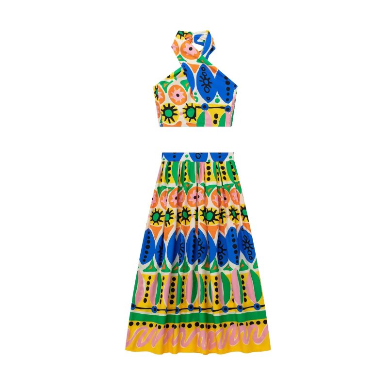 KJMYYX 2023 Fashion Summer Print Skirt Sets For Women Female Causal Halter Sleeveless Camisole Tops A-Line Mid-Calf Skirt