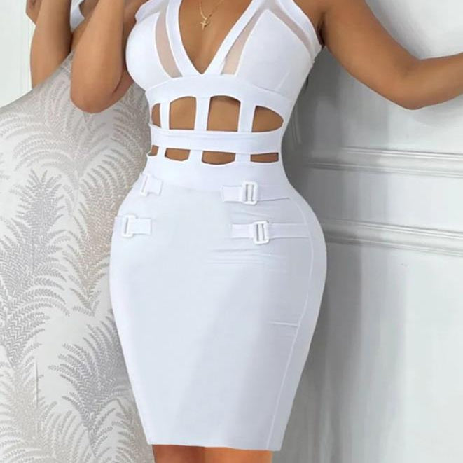 Sexy Night Out Jumpsuit for Women Summer New Sleeveless Plunge Hollow Out Halter Buckled Contrast Mesh Lady Skinny Jumpsuit G
