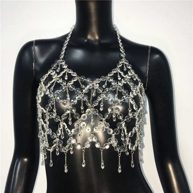 y2k Fashion Transparent Crystal Acrylic Tank Top For Women Sexy Hollow Out Backlesss Halter Solid Diamonds Nightclub Crop Tops