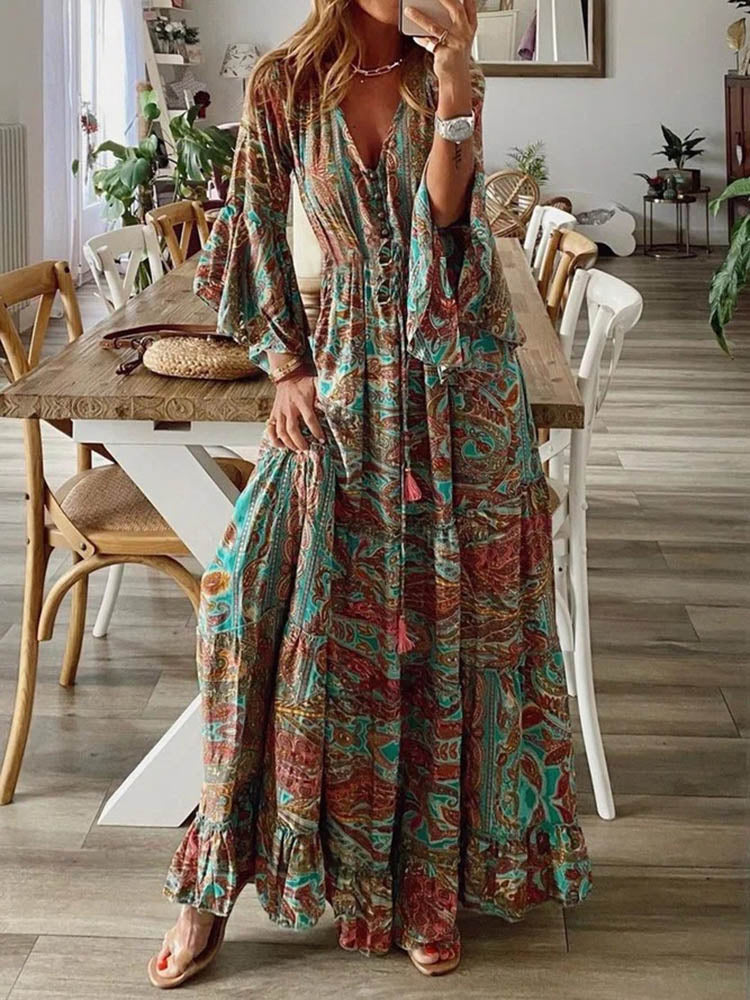 Women Vintage Print Long Dress 2023 Summer Sexy V Neck Short Sleeve A-line Dress Female Elegant Elastic Waist Maxi Dresess Robe EA08432-Orange