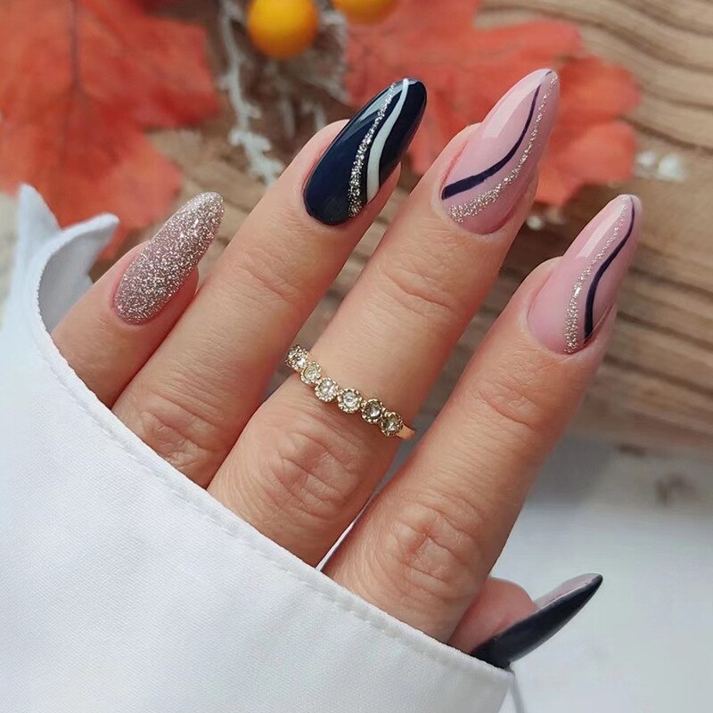24pcs/set Long Stiletto Fake Nails Punk Snake Pattern Black White Matte False Nails Artificial Full Nail Tips Manicure Tools