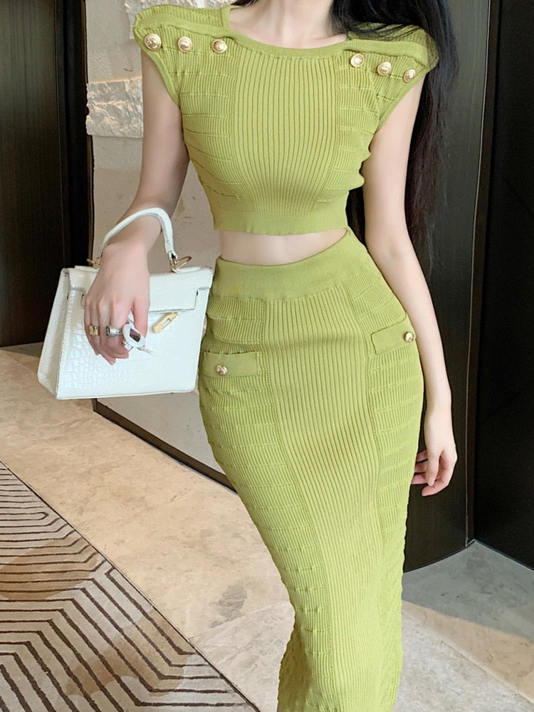 2023 New Knitted Two Piece Set For Women Sexy Crop Top + Bodycon Long Skirt Suits Beach Holiday Summer 2 Piece Sets Women Outfit