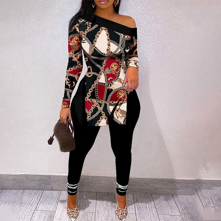 Fall Women Two Piece Sets Outfits Casual Print Side Slit Top And Skinny Pants Tracksuits Fashion Streetwear 2pcs Suits