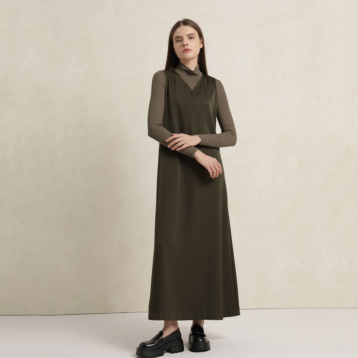 AP V Neck Satin Maxi Dress Rib Modal Mock Neck Fall Women Dress Three Colors
