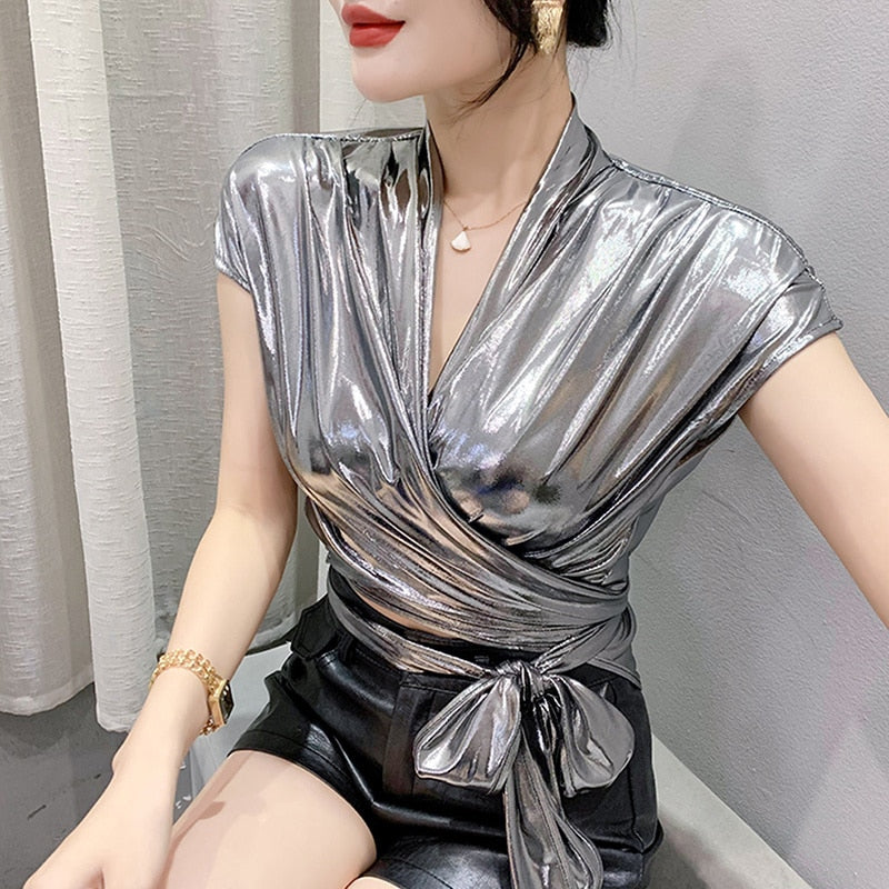 Gold Silver Green Shinny Sleeveless T Shirt Women Sexy Streetwear Sexy Irregular Short Wrap T-shirt Female Summer