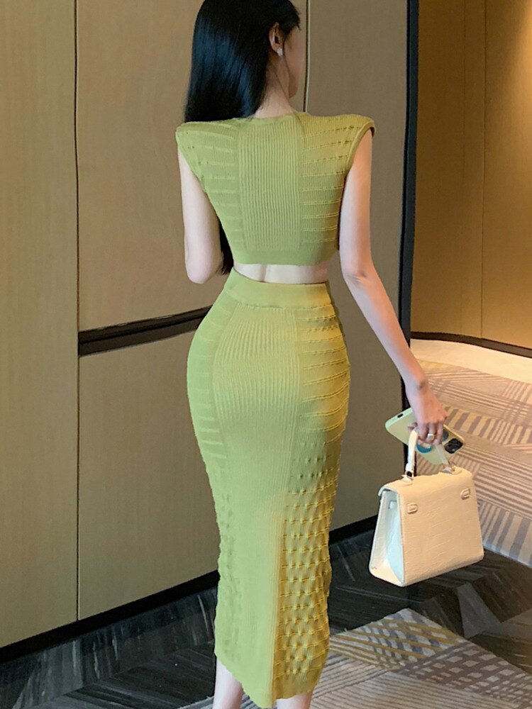 Knitted Two Piece Set For Women Sexy Crop Top + Bodycon Long Skirt Suits Beach Holiday Summer 2 Piece Sets Women Outfit