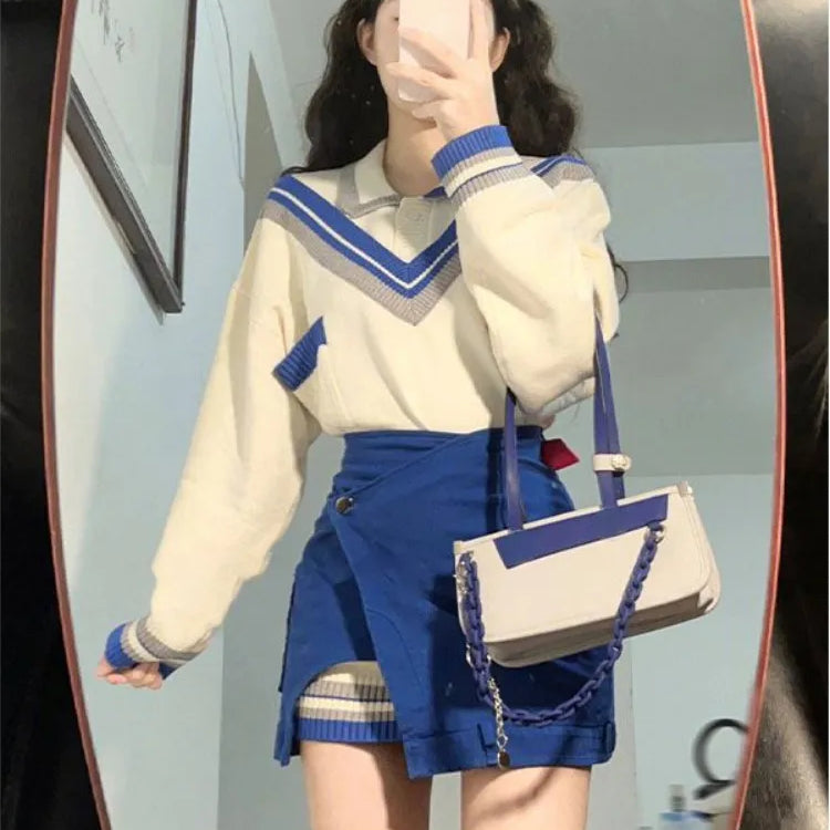 Autumn Fashion Suits Chic Japanese Long Sleeve Y2k Two Piece Dress Set Female Casual Blouse + Blue High Waist Mini Skirts