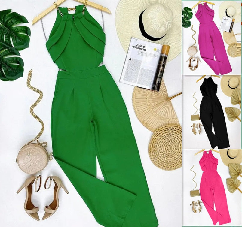 Elegant Europe and America New Solid Fashion Chain Neck Fold Sleeveless Sexy Office Lady Jumpsuit Women Summer OTTD Romper