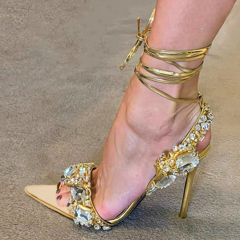 Sexy Ankle Strap Golded Sandals Women Party Nightclub Stripper Heels Crystal Diamond Pointed Toe Wedding Shoe