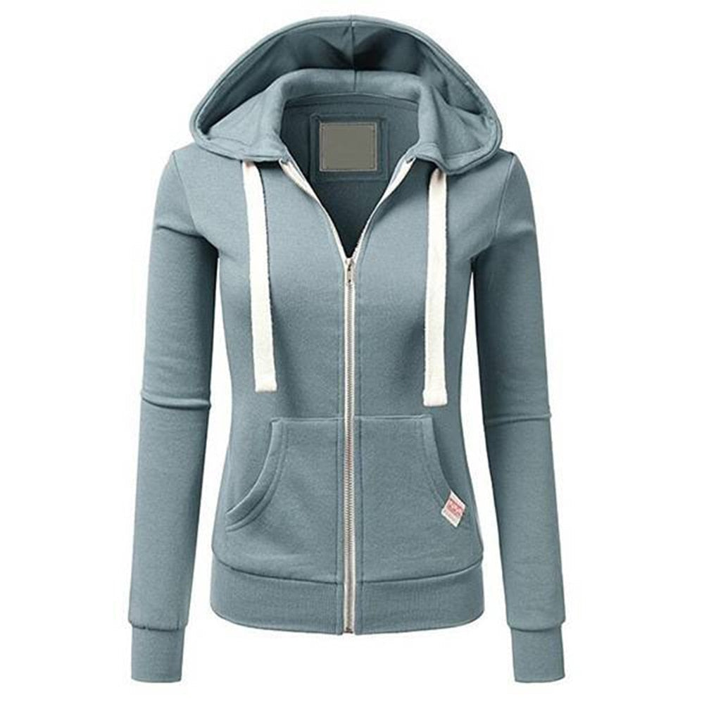 Spring/Autumn New Casual Fleece Zipped Hoodie Women Fashion Drawstring Sporty Hooded Coats Ladies Simple Sweatshirt Light Blue