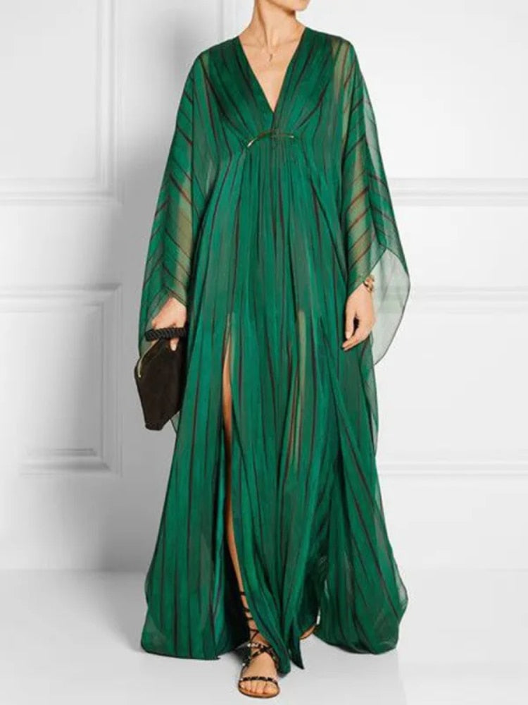 Freeacy Female 2023 New Deep V-Neck Long Sleeves Loose Dress Striped Split-Front Maxi Dresses For Women Elegant Party Dress