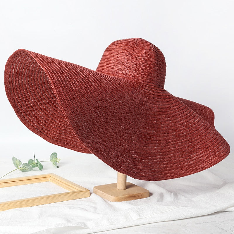 Summer 70cm Large Wide Brim Sun Hats For Women Oversized Beach Hat Foldable Travel Straw Hat Lady UV Protection Sun Shade Hat wine red 54-57cm