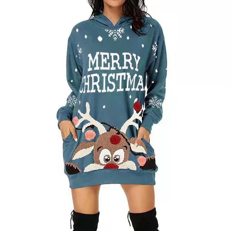 Christmas Elk Snowflake Printed Sweatshirts Party Dress Women Fashion Dresses Sweatshirts Long Sleeve Hoodies Dress Casual Tops WW00062