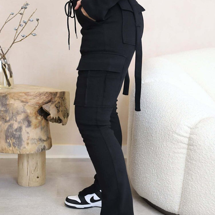 Women Pants for Summer Casual with Pockets Drawstring High Waist Trousers Fashion Polyerster Split Cargo Pant Adjustable