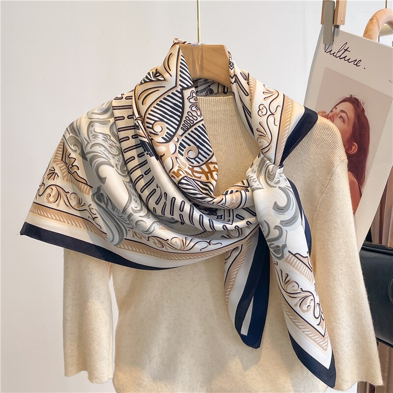 Fashion Print Printing Twill Silk Square Scarf for Women Hijab Muslim Headband Bandana Summer Shawl Beach Stoles Echarpe FN122-3