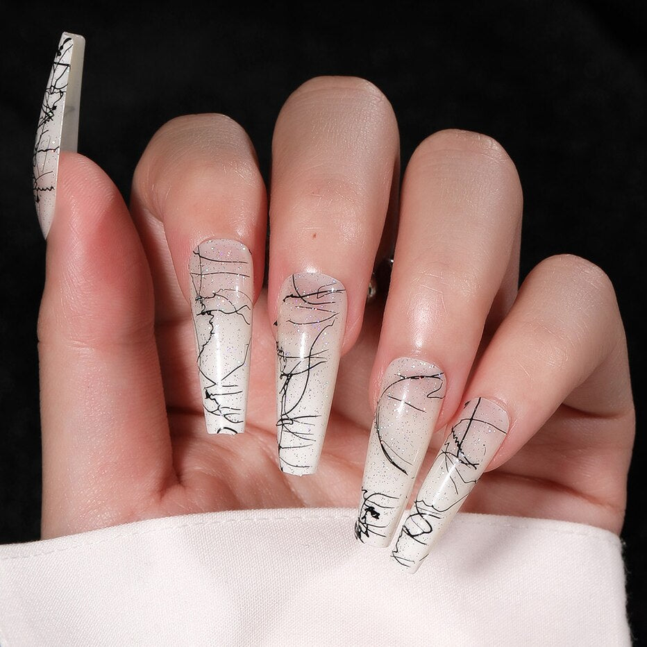 CNHIDS 24Pcs Charming Sparkling Purple Long Coffin False Nail Press On Nail Tips Girl Decoration Crystal Fake Nail With Design