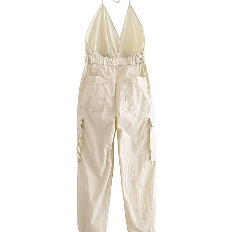 Summer Women Safari Style Jumpsuit With Belt New Female Solid Pocket Decoration Deep V-Neck Backless Camisloe Bodysuit