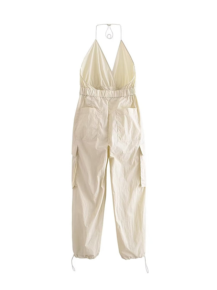 Summer Women Safari Style Jumpsuit With Belt New Female Solid Pocket Decoration Deep V-Neck Backless Camisloe Bodysuit