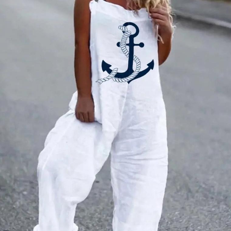 Woman Summer Jumpsuits Fashion Anchor Print Suspender Jumpsuit Casual Sexy Sleeveless Romper Elegant Streetwear