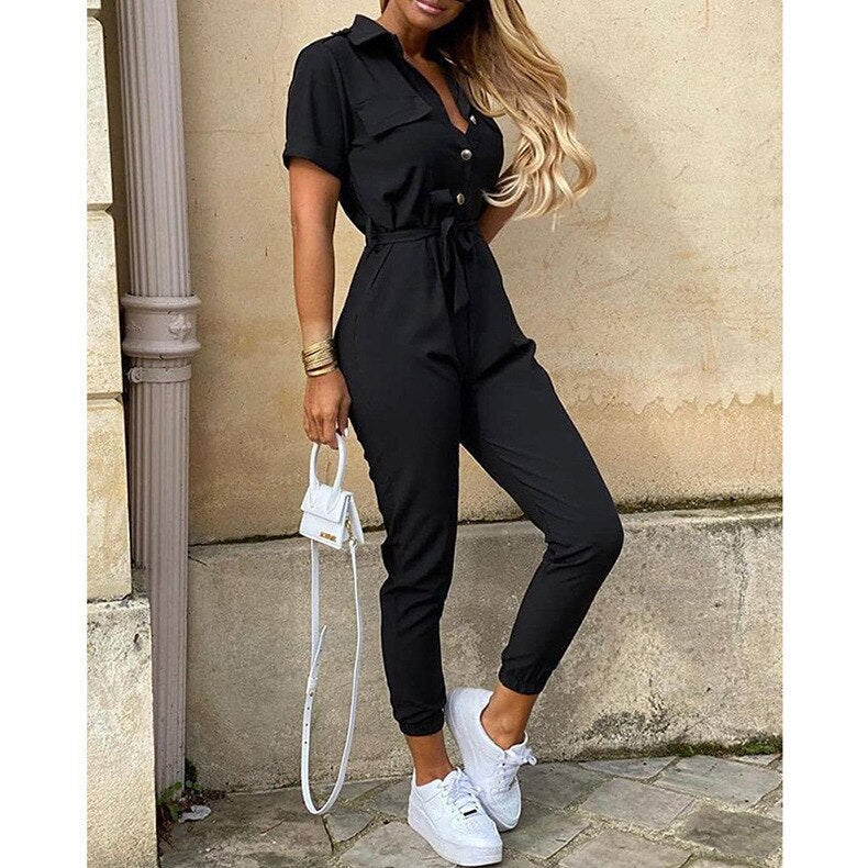 Overalls for Women New Casual Lapel Lace-up Print Belt Work Jumpsuit Women One Pieces Bodysuit Women Chic and Elegant Jumpsuits Black