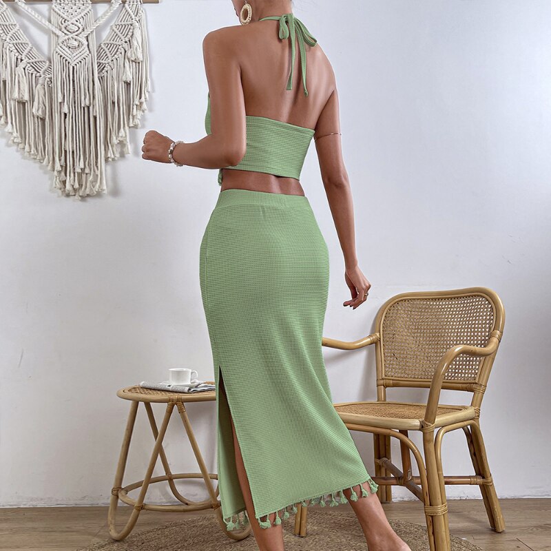 Women's Knitted 2-Piece Skirt Sets for Summer Women's Suit 2023 New Solid halter Strap+Tassel Maxi Split Skirt Sets