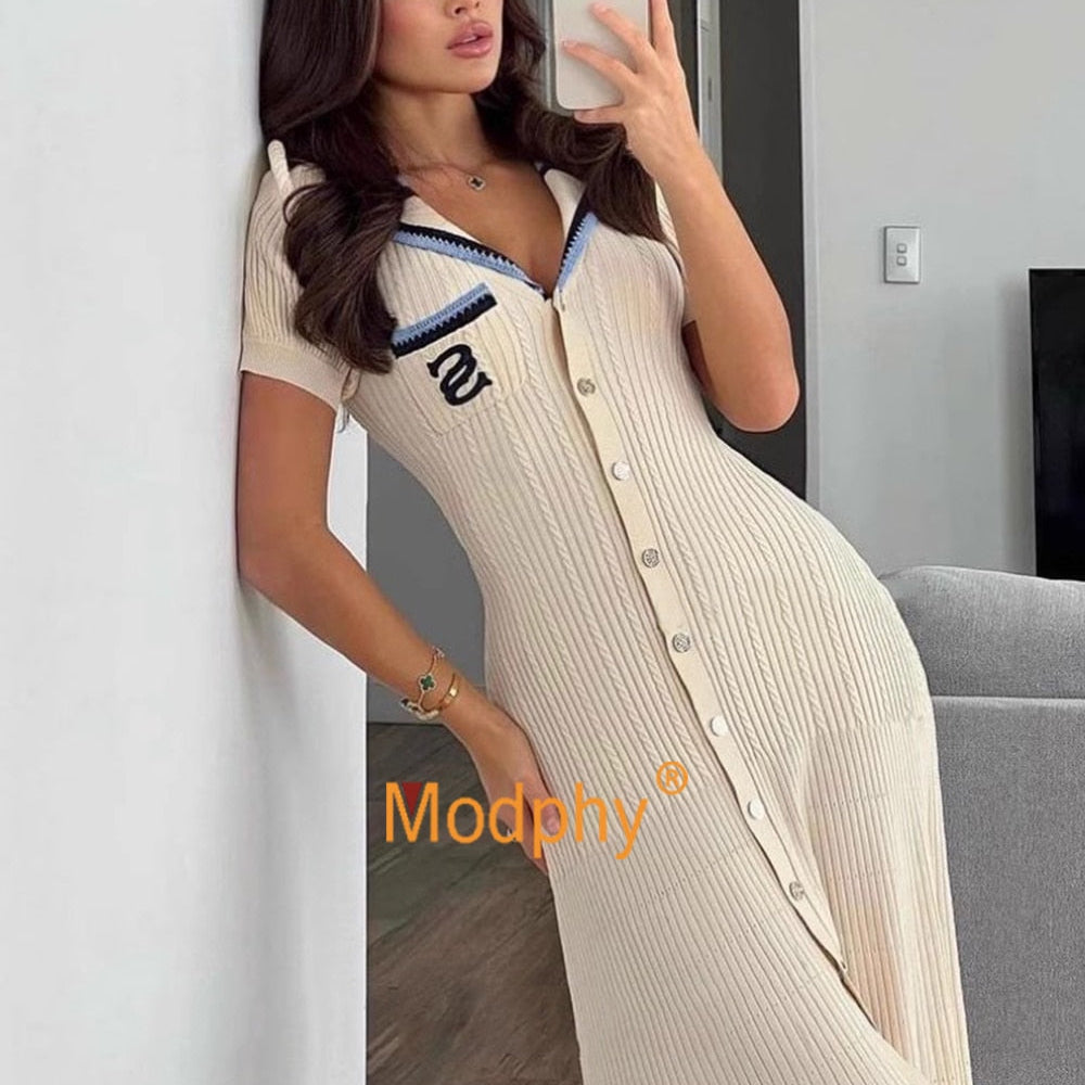 Modphy Elegant Slim Knitted Long Dress Women's Single breasted Long sleeved Designer Slim Vintage Dresses Autumn