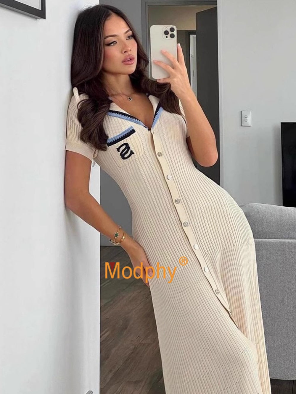 Modphy Elegant Slim Knitted Long Dress Women's Single breasted Long sleeved Designer Slim Vintage Dresses Autumn