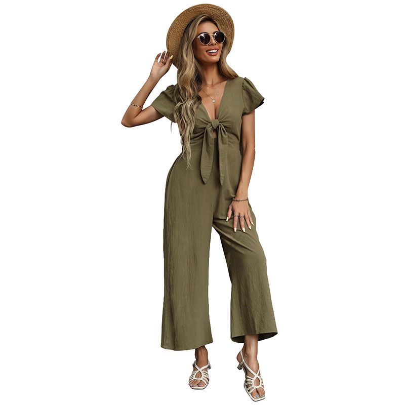 Summer New Sexy Nine Points Cotton Hemp Wide Leg Casual Jumpsuit