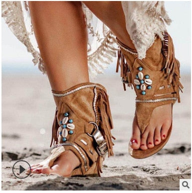 Retro Women Fringe Flower Wedges Shoes Solid Flock Beach Casual Sandals Women Summer Flip Flop Sandals