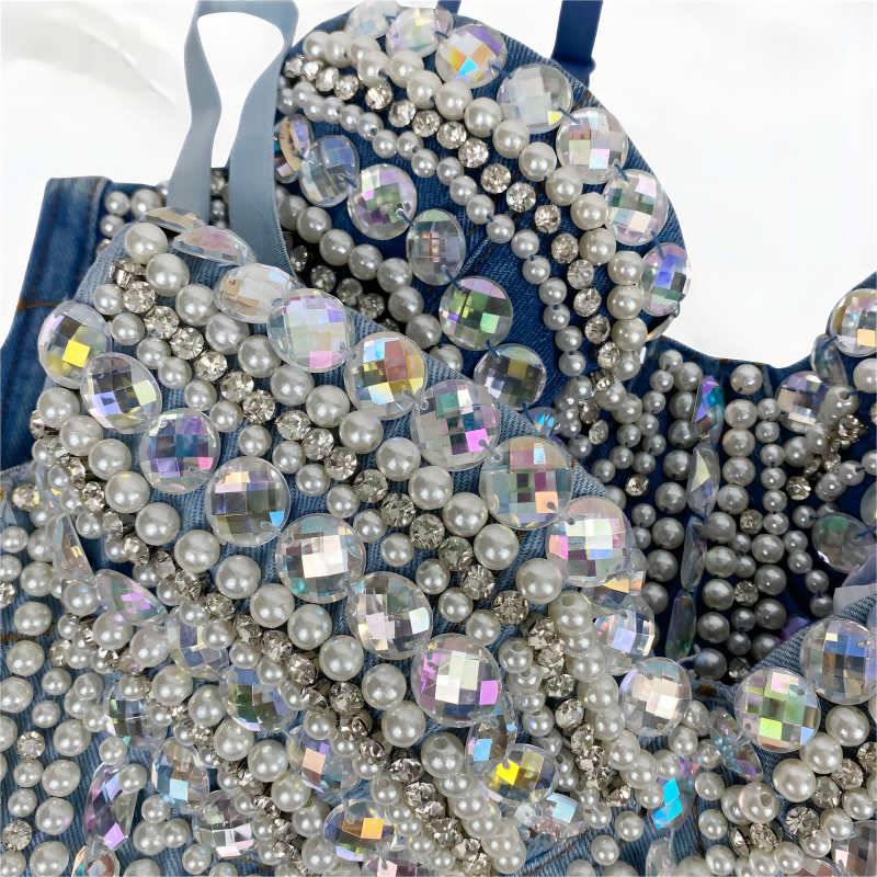 SXTHAENOO Women's Heavy Industry nailed beaded Diamond-Studded Sexy Crop Top Fashion Denim Sling Top Vset топ женский