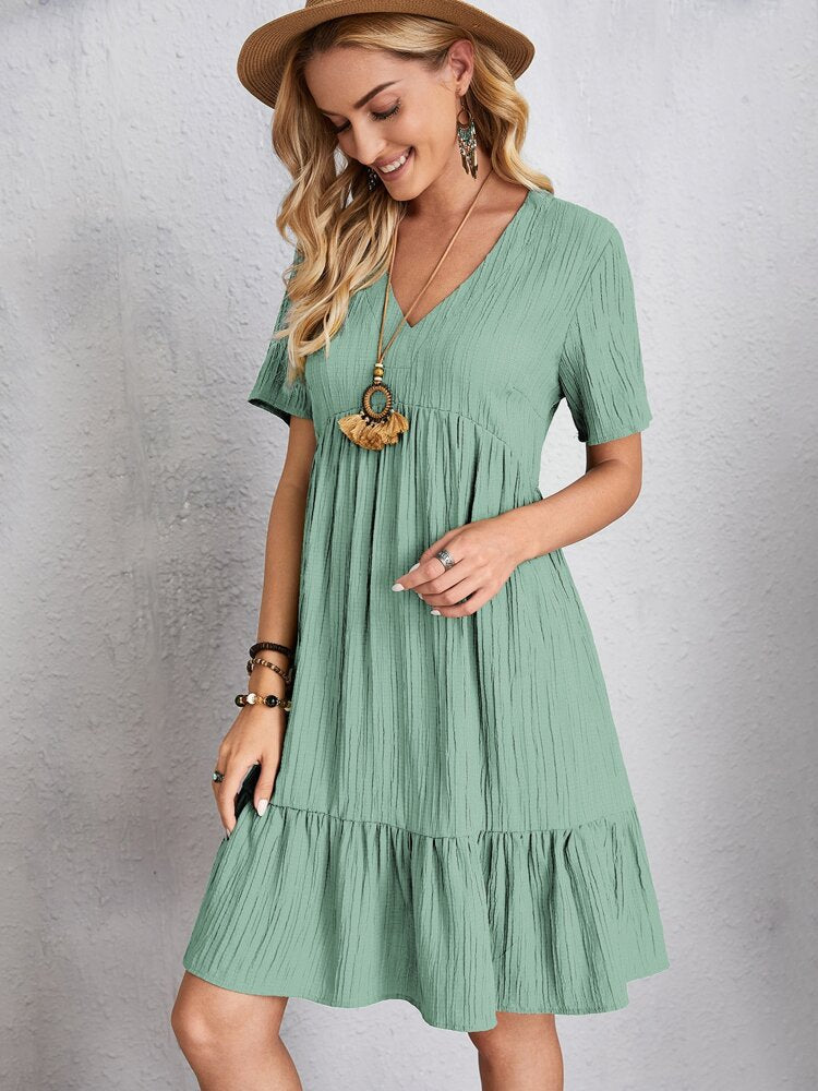 Summer Knee Length Dresses for Women 2023 New-In One-Piece Loose Casual Short Sleeve Dress Vintage Chic Maxi Midi Dress Outfits Turquoise