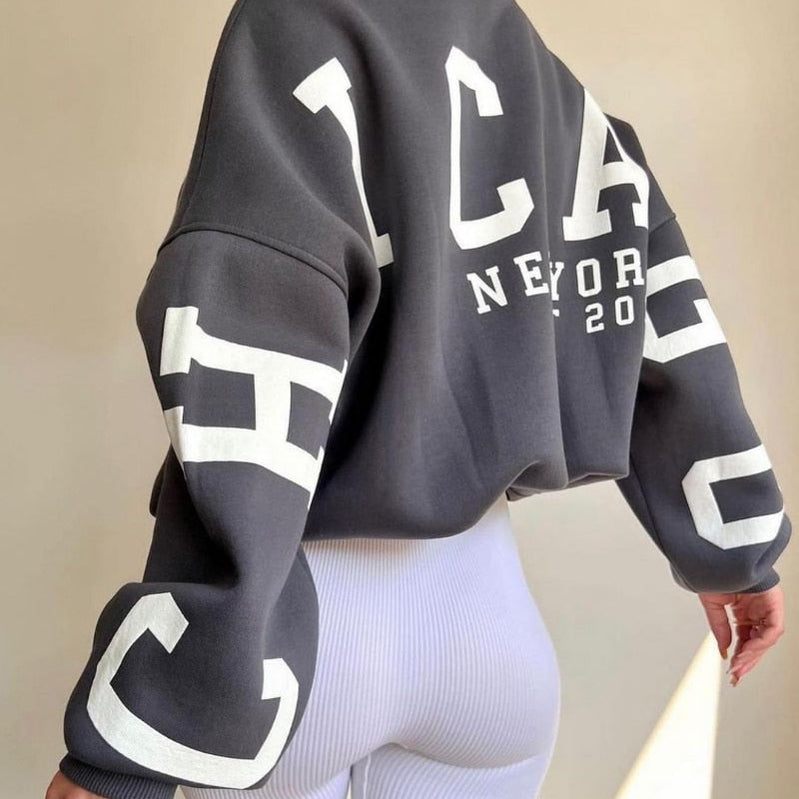 Women Casual Sweatshirts Fashion Letters Print O Neck Long Sleeve Pullovers Tops Vintage Loose Autumn Y2k Hoodies Streetwear