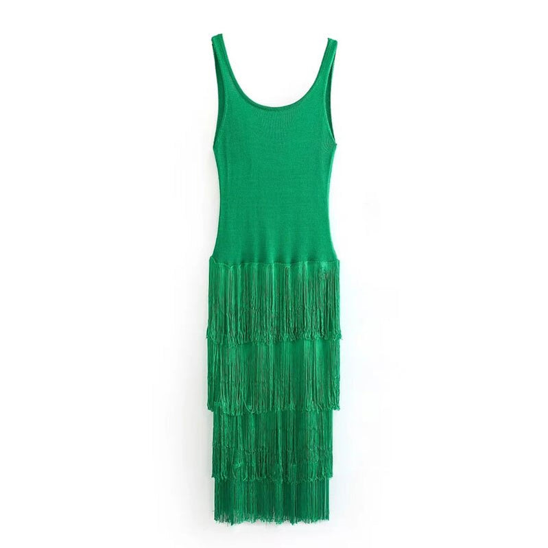 Fringing Slip Dress Summer Dresses For Women Backless Sleeveless Casual Long One-Piece Dress Elegant Prom Party Dress Green