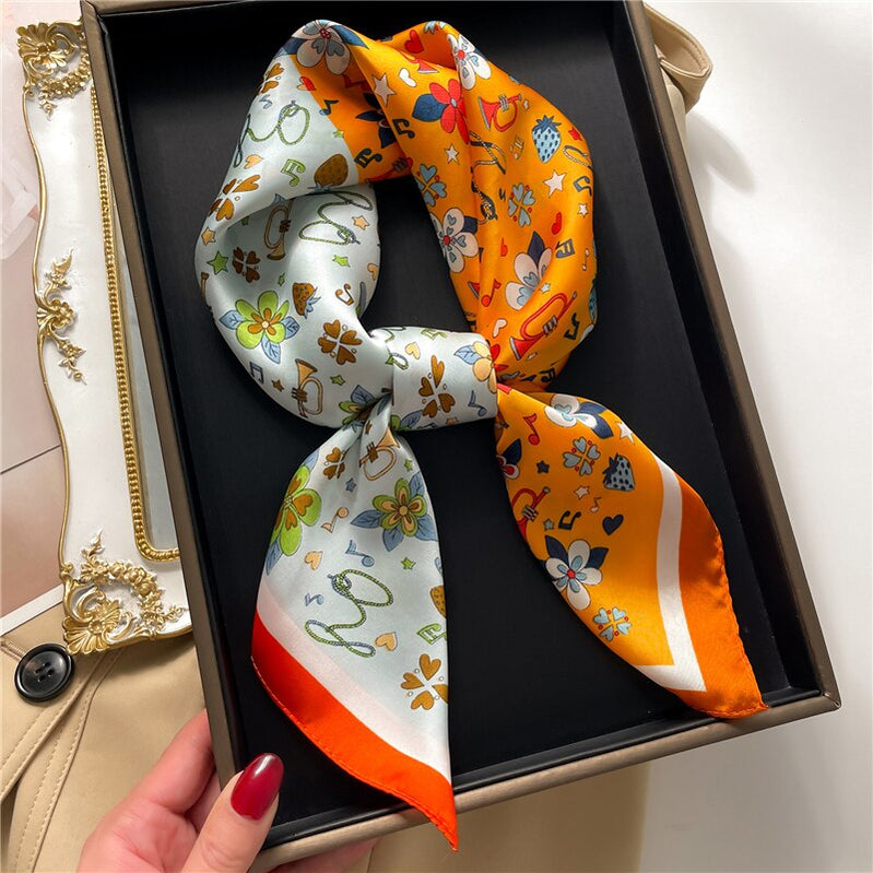 Fashion Hair Scarf for Women Decor Headband Ribbon Satin Silk Square Scarves Lady Wrist Wrap Shawls Design Bandana Foulard FJ713-4