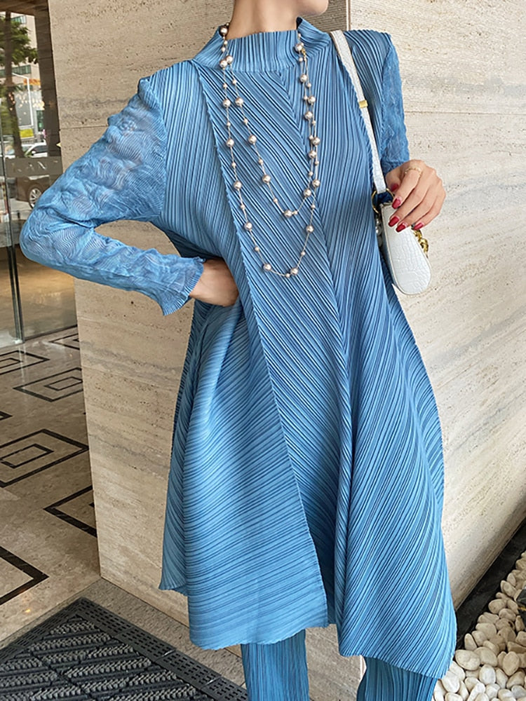 Sets Women Pleated Two Piece Set Fall Winter New Loose Casual Suit Lace Fashion Long Dress Top Pencil Pant Clothes Sky Blue One Size