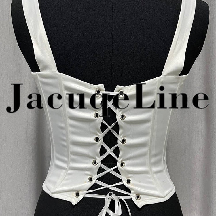 White Backless Bandage Corset Tops Women Sexy Square Neck Satin Bustier Tank Crop Top Elegant Party y2k Clothes