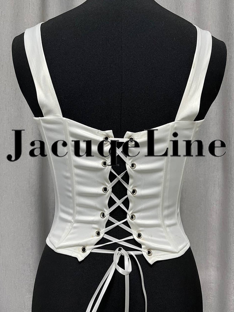 White Backless Bandage Corset Tops Women Sexy Square Neck Satin Bustier Tank Crop Top Elegant Party y2k Clothes