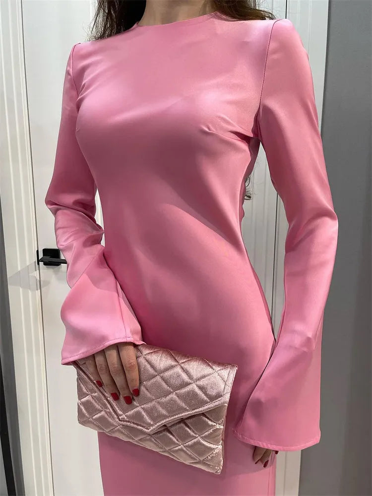 Satin Fashion Slim Maxi Dress For Women Long Sleeve High Waist Elegant Solid Party Dress Casual Luxury Ladies Autumn Dress
