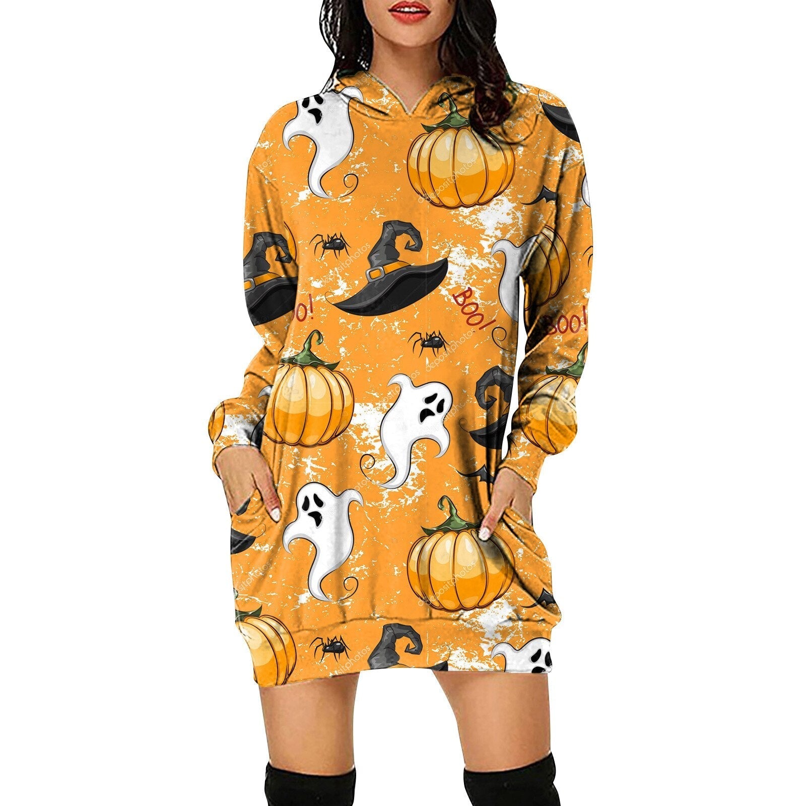 Women's Halloween Pumpkin Printed Sweater Hooded Long Sleeve Dress Sweatshirt Female Women Autumn Spring Casual Hoodies Clothes P01