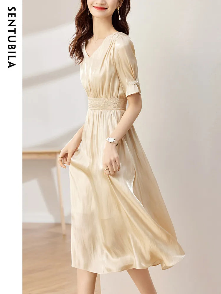 Vintage Elegant Dresses for Women Summer Fashion V-Neck Empire Puff Sleeves A-Line Long Dresses Women Clothing