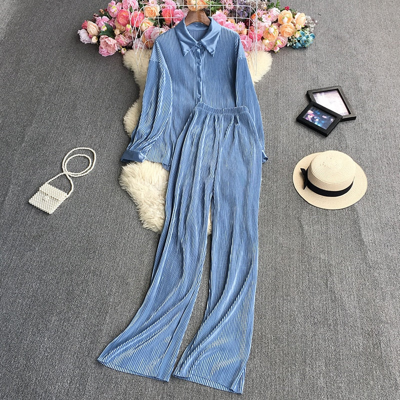 Casual Women Elegant Pleated Two Piece Set Long Sleeve Shirt And Wide Leg Pant Suits Loose Office Lady Outfits Autumn