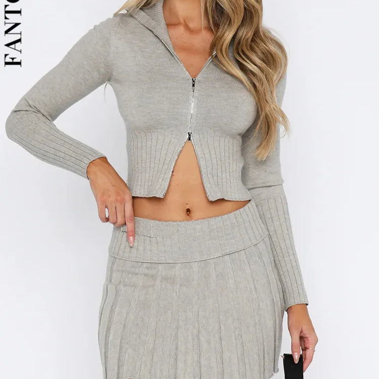 Fantoye Knit Sweater Two Piece Sets Women Tracksuit Long Sleeve Double Zipper Skirt Suit Female Solid Casual Knit Sweatshirt Set