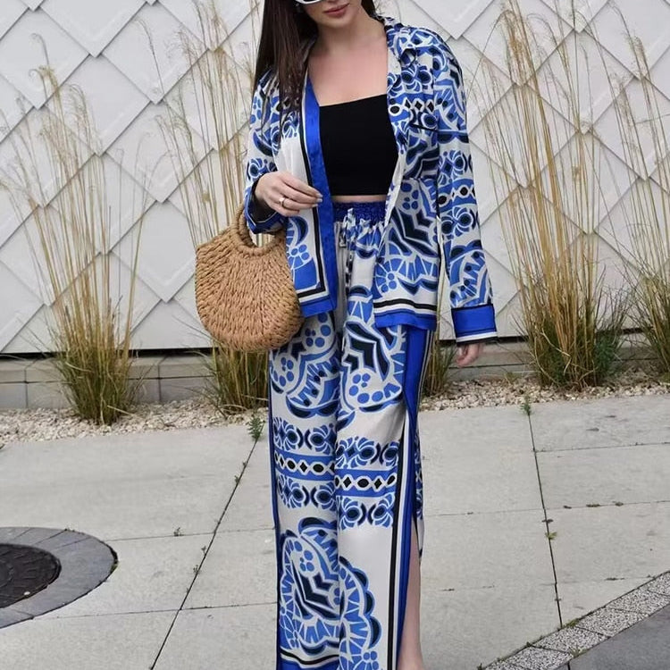 Woman Shirts Pants Sets New Summer Geometric Print Loose Long sleeved Shirts Fashion Elastic Waist Wide Leg Pants Outfits