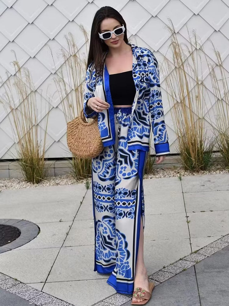 Woman Shirts Pants Sets New Summer Geometric Print Loose Long sleeved Shirts Fashion Elastic Waist Wide Leg Pants Outfits