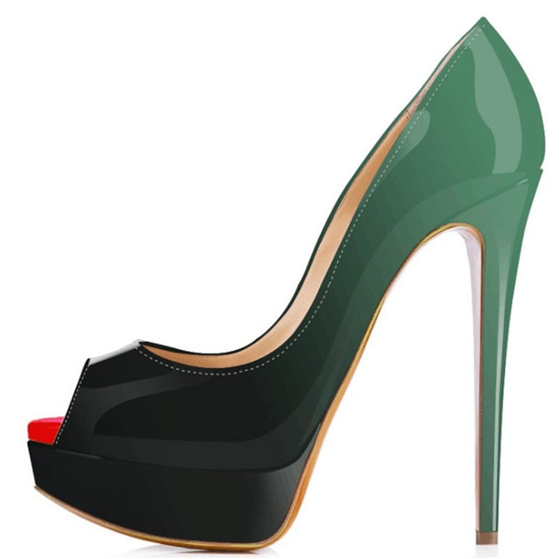 Women Pumps Sexy Platform Peep Toe 14cm Extremely High Heels Woman Patent Leather Nighclub Red Wedding Shoes Gradient Stiletto