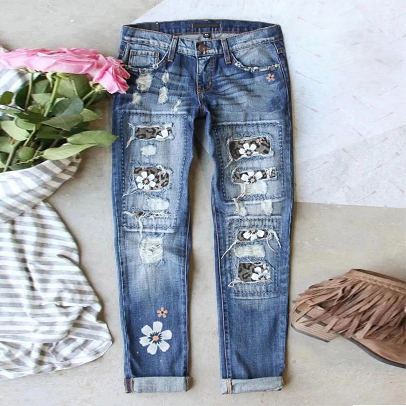 Women's Sunflower Print Ripped Jeans Patchworks Regular Fit Long Casual Denim Jeans Holes Trousers Streetwear Denim Pencil Pants 2-Grey