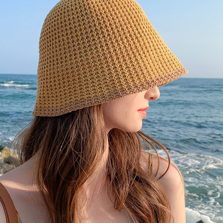 Summer Bicolor Knit Bucket Hat For Woman Trendy Black Bucket Hat Sun Caps Fashion Trend Charm Y2k Young Girl Kpop Gift Girl